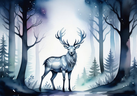 Illustration of a deer in a winter forest. Digital painting.の素材