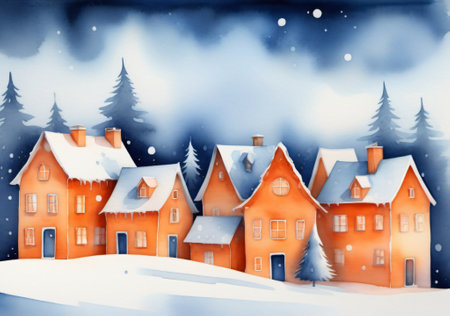 Winter village. Christmas and New Year background. Watercolor illustration.の素材