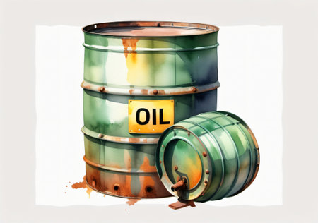 Oil barrels with oil drop on white background. 3D illustration.の素材