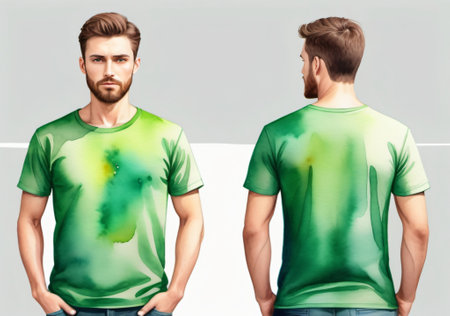 T-shirt design. Young man in green t-shirt on grey backgroundの素材
