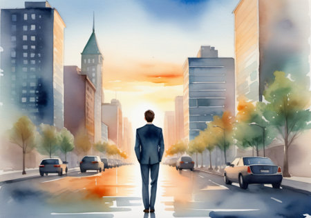 Businessman on the road in the city at sunset. Business conceptの素材