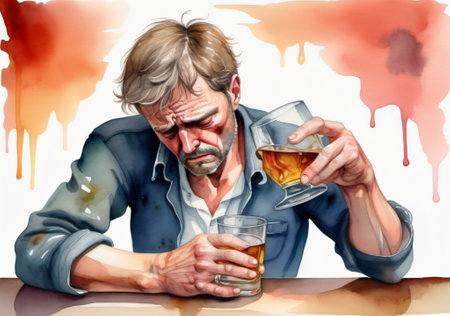 Elderly man drinking whiskey in front of a painted wall.の素材