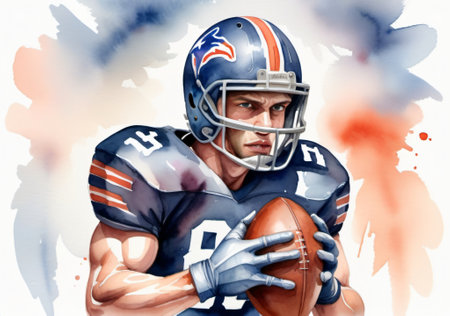 American football player with ball in his hands. Watercolor illustration.の素材