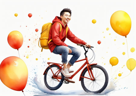 Young man riding a bike with balloons and splashes on white backgroundの素材