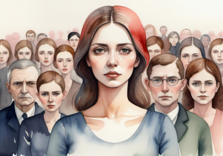 Portrait of a beautiful young woman with many people in the backgroundの素材