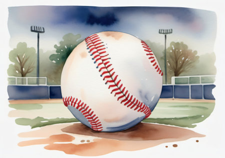 Baseball ball on the baseball field. Illustration on white background.の素材
