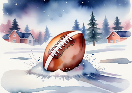 Watercolor illustration of american football ball in the winter landscape.の素材
