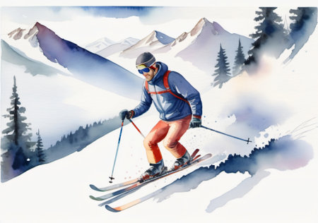 Man skiing in mountains. Watercolor painting. Winter sports concept.の素材