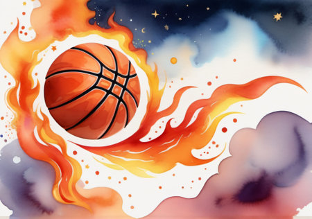 Basketball ball on fire, watercolor background. Vector illustration.の素材