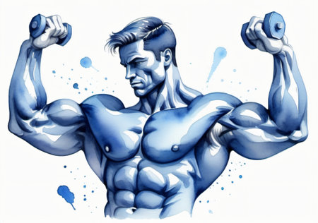 Muscular man doing exercise with dumbbells, hand drawn illustrationの素材