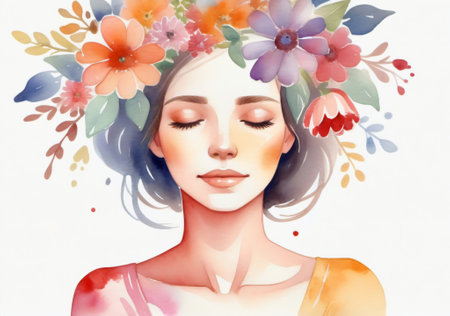 Beautiful young woman with floral wreath on her head. Watercolor illustrationの素材