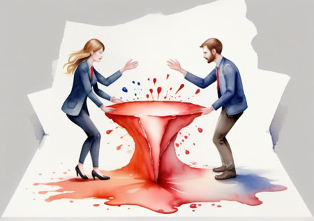 Image of two businesspeople fighting with each other against splash of paintの素材