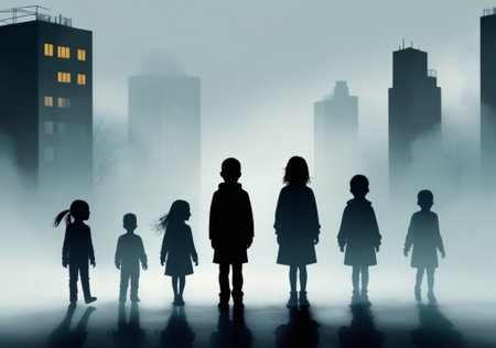 Silhouettes of children standing in a foggy urban environment.の素材