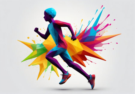 Running man with colorful paint splashes on grey background. Sport and healthy lifestyle conceptの素材