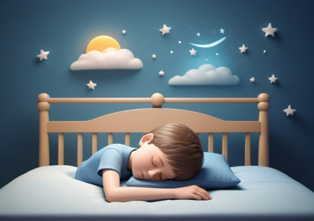 Cute little boy sleeping in the bed with dreams and moon backgroundの素材
