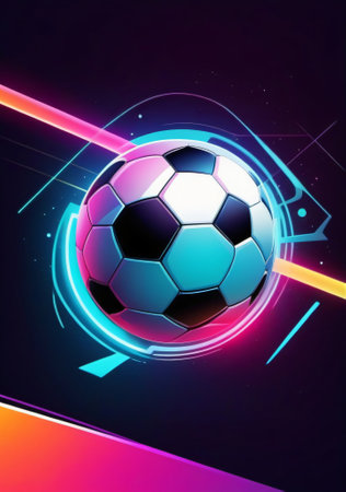 Soccer ball with neon lights on black background. Vector illustration.の素材