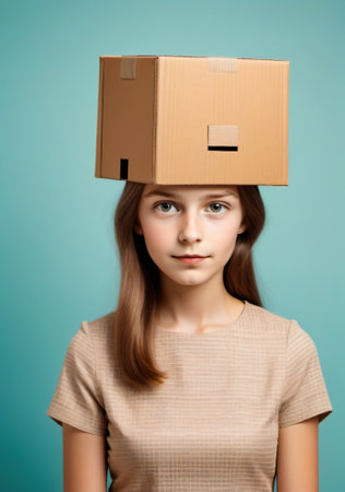 Woman with cardboard box on her head. Portrait of a young girl with cardboard box on her head.の素材