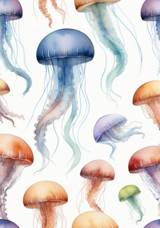 Seamless pattern with jellyfishes. Hand-drawn illustration.の素材