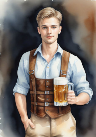 Handsome young man in traditional Bavarian clothes holding a mug of beerの素材