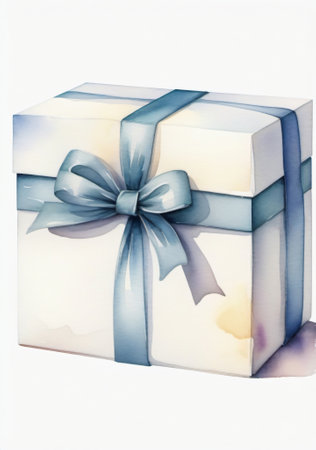 Gift box with blue bow isolated on white background, clipping path includedの素材