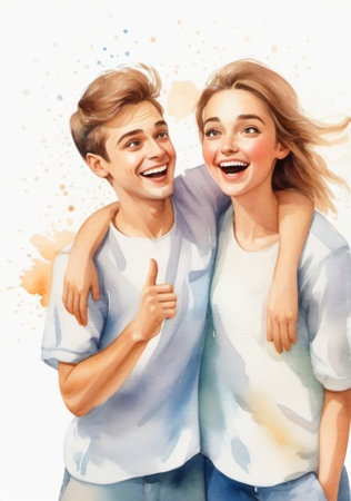 Portrait of a happy young couple embracing each other and smiling.の素材