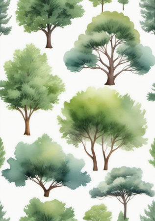 Seamless pattern with watercolor trees. Hand-drawn illustration.の素材