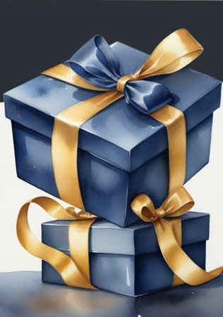Blue gift boxes with gold ribbon and bow on a gray background.の素材