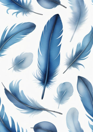 Seamless pattern with blue feathers on white background. Watercolor illustrationの素材