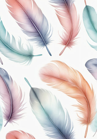 Seamless pattern with multicolored feathers on a white backgroundの素材