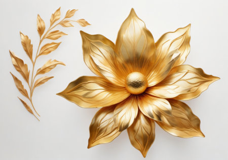 Golden flower on a white background. 3d rendering, 3d illustration.の素材
