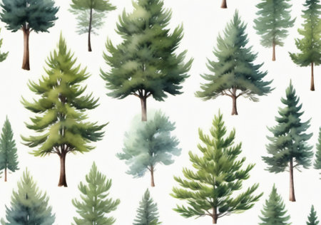 Watercolor seamless pattern with pine trees. Hand-drawn illustration.の素材