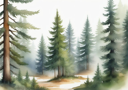 Watercolor illustration of a pine forest in a foggy day.の素材