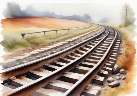 Railway track in the countryside. Digital watercolor painting style.の素材