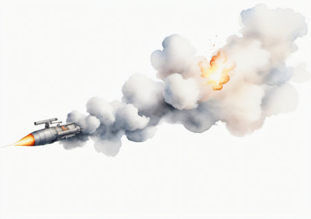 Missile in the sky with smoke and sun. 3d illustrationの素材