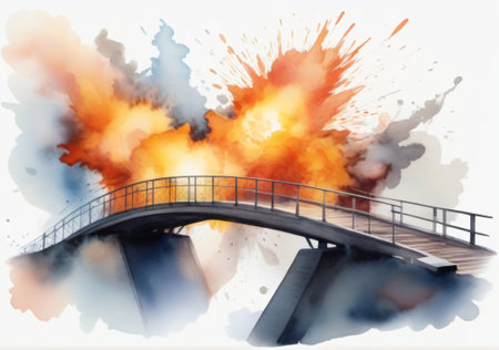 Digital watercolor painting of a bridge with fire and smoke in the airの素材