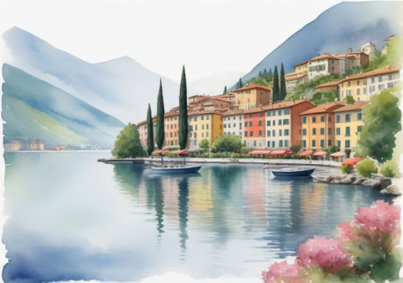 Watercolor painting of lake Como in Lombardy, Italy.の素材