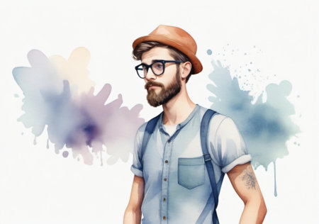 Portrait of handsome hipster guy in hat and eyeglassesの素材