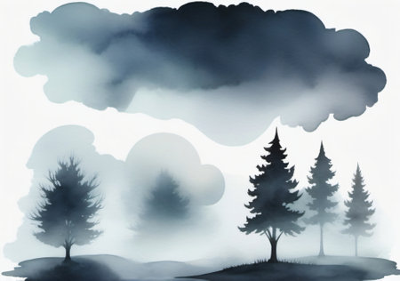 Watercolor landscape with trees and clouds. Black and white illustration.の素材