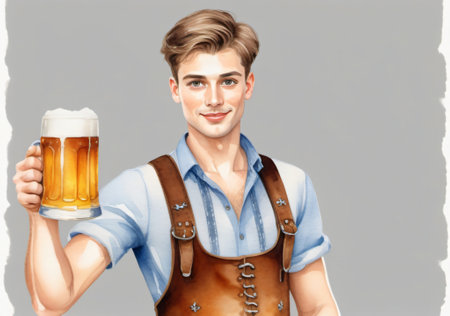Handsome young man in traditional Bavarian clothing holding a glass of beerの素材