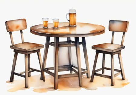 wooden table and chairs with beer in a restaurant on a white backgroundの素材