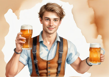 Handsome young man in traditional Bavarian clothes drinking beer.の素材