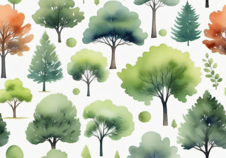Watercolor seamless pattern with trees. Hand drawn illustration for your designの素材