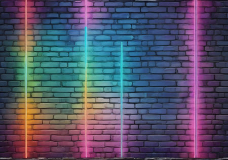 Rainbow neon light on brick wall background. 3D Renderingの素材