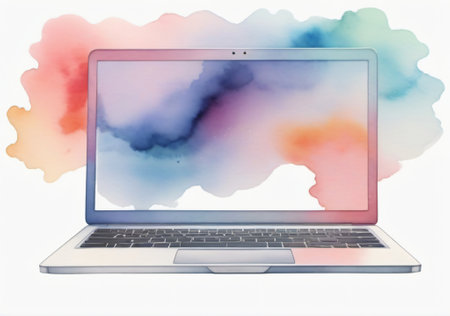 Laptop with colorful abstract watercolor paint background. 3D Renderingの素材