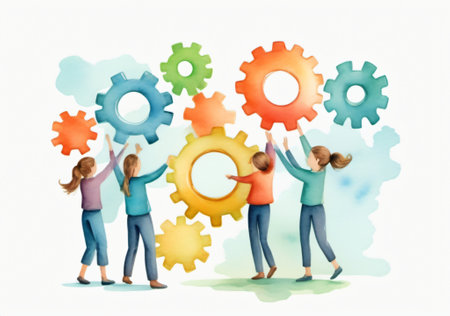 Teamwork concept. Group of business people and cogwheels on white backgroundの素材