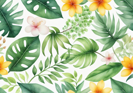 Seamless pattern with tropical leaves and flowers. Watercolor illustrationの素材