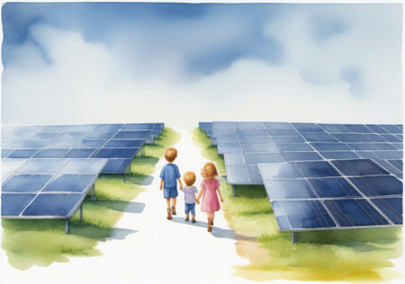 Photovoltaic farm with little boy and girl. Ecology conceptの素材