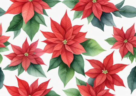 Christmas background with red poinsettia flowers and green leaves.の素材