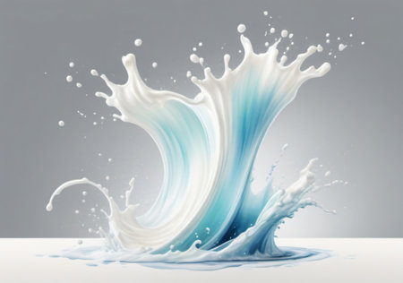 Splash of white and blue milk on a gray background. 3d renderingの素材