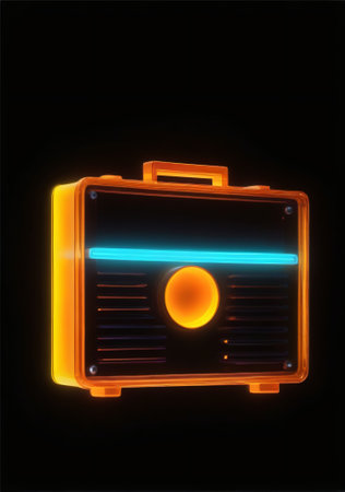 Retro radio icon in neon style isolated on black background. 3d illustrationの素材